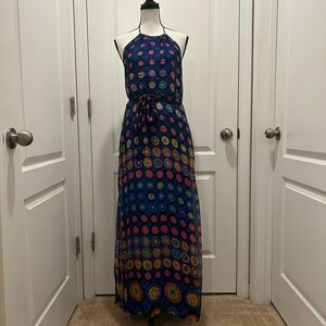 100% Silk Glam Blue Halter Maxi Dress with Geometric Print Rayon lining Sz M